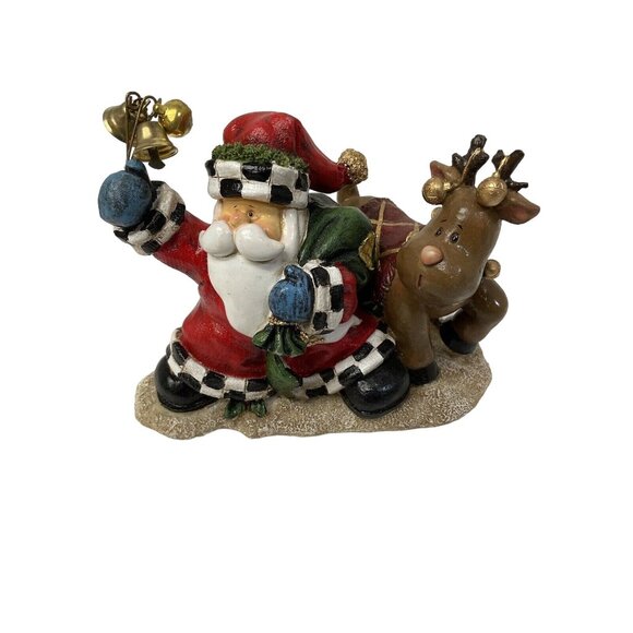 Santa Ringing Bell Holding Gift Bag With Reindeer Figurine Christmas Decor - Picture 4 of 4
